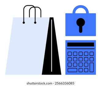 Shopping bag a padlock and a calculator. Ideal for online shopping secure transactions e-commerce financial planning and retail management. Shows safe shopping financial literacy and budgeting