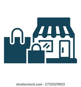 Shopping bag and padlock in front of storefront with awning and door icon