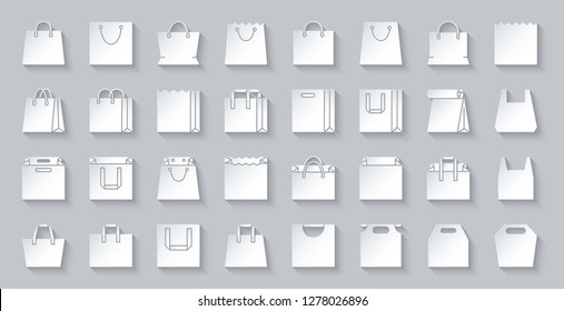 Shopping Bag paper cut art icons set. Web sign kit of package. Sale pictogram collection includes clearance, e commerce, retail. Simple packet vector paper carved icon shape. Material design symbol