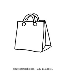 Bolsa de compras. Papel o tela. Doodle. Ilustración vectorial. Dibujado a mano. Esquema.