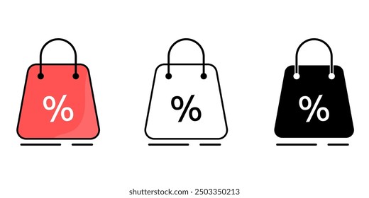 Shopping bag with percent  icon set. Sale promotion symbol isolated background. Shopping online  silhouette icon, vector illustration.