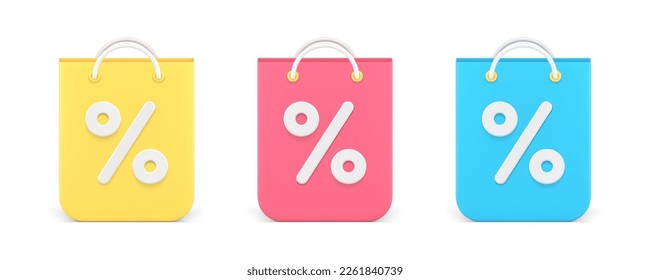 Shopping bag percent paper package sale discount clearance special offer 3d icon set realistic vector illustration. Store shop pack cardboard container with handles purchase comfortable carrying