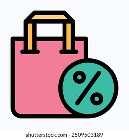 Shopping Bag With Percent Sign Vector Icon, Online Shopping, Sale Promotion, Discount Concept Icon. Isolated Lineal Color Vector Icon.