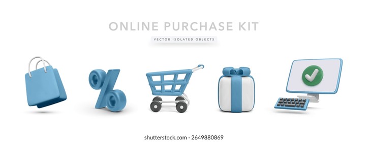 Shopping Bag, Percent Symbol, Cart, Gift Box, and Computer with Checkmark in Clean 3D Style. Great for Online Purchases, E-commerce Discounts, and Web Checkout UI. Vector Illustration.
