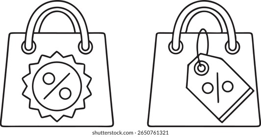 shopping bag with percent tag icon, online sale discount symbol, e commerce store promotion element, flat vector UI icon