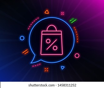 Shopping bag with Percentage line icon. Neon laser lights. Supermarket buying sign. Sale and Discounts symbol. Glow laser speech bubble. Neon lights chat bubble. Vector