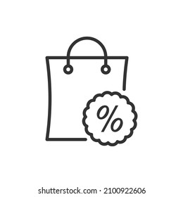 Shopping bag with percentage. Sale, promotion, discount icon line style isolated on white background. Vector illustration