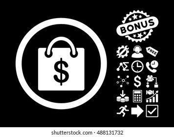 Shopping Bag pictograph with bonus symbols. Vector illustration style is flat iconic symbols, white color, black background.