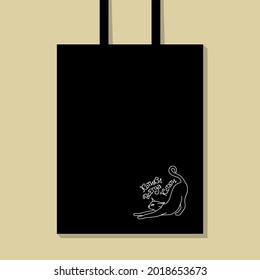 Shopping bag with a picture of a cat and an inscription in Russian "A kitty is always welcome." Can be used as an illustration or a print for printing and textiles. Vector