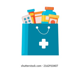 Shopping bag with pills and medicine bottles for pharmacy website online advertisement. Vector flat illustration.