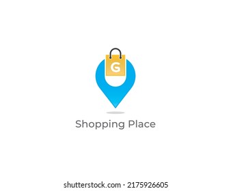Shopping Bag Pin Logo Concept sign icon symbol Design with Letter G. Bag and Pin Combination. Vector illustration logo template