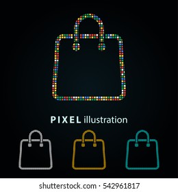 Shopping bag - pixel icon. Vector Illustration. Design logo element. Isolated on black background. It is easy to change to any color.
