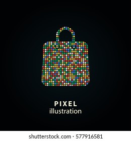 Shopping bag - pixel icon. Vector Illustration. Design logo element. Isolated on black background. It is easy to change to any color.