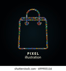 Shopping bag - pixel icon. Vector Illustration. Design logo element. Isolated on black background. It is easy to change to any color.