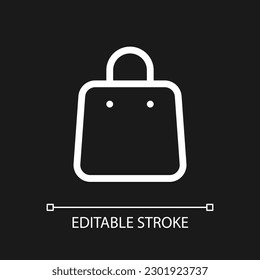Shopping bag pixel perfect white linear ui icon for dark theme. Purchase goods. Gift package. Vector line pictogram. Isolated user interface symbol for night mode. Editable stroke. Arial font used