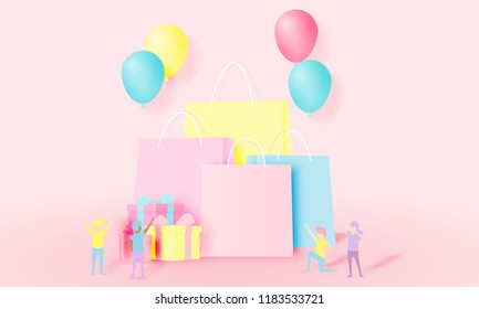 Shopping bag and present box with funny people in paper art style and pastel scheme vector illustration
