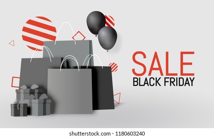 Shopping bag and present box in paper art style and black friday scheme vector illustration