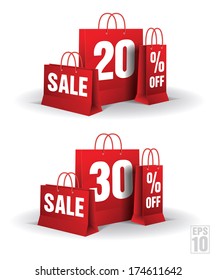 Shopping bag printed with a 20% and 30% discount on a white background. Vector. Isolated. 