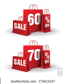 Shopping bag printed with a 60% and 60% discount on a white background. Vector. Isolated.