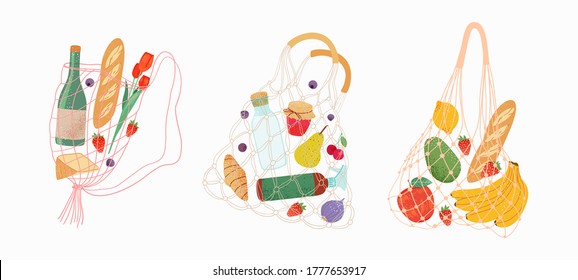 Shopping bag with products card set in flat vector style. Grocery purchases, turtle nets bags with natural food, organic fruits and vegetable. Healthy eating print illustrations. Eco friendly design