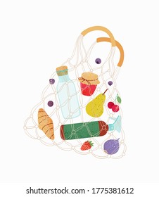 Shopping bag  with products flat vector illustration. Grocery purchases, turtle nets bag with natural food, organic fruits and vegetable. Healthy eating print illustration.