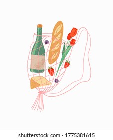 Bolsa de compras con productos de ilustración vectorial plana. Compras de comestibles, maletines de tortuga con alimento natural, frutas orgánicas y verduras. Ilustración de impresión de comida saludable.