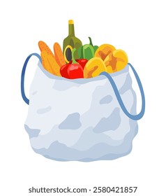 Shopping bag products grocery. Different food and beverage products, grocery shopping. Grocery supermarket. Fresh organic food and drinks. Grocery delivery concept