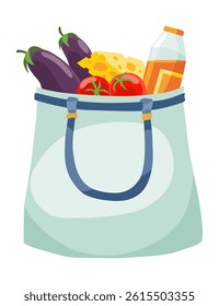 Shopping bag products grocery. Different food and beverage products, grocery shopping. Grocery supermarket. Fresh organic food and drinks. Grocery delivery concept