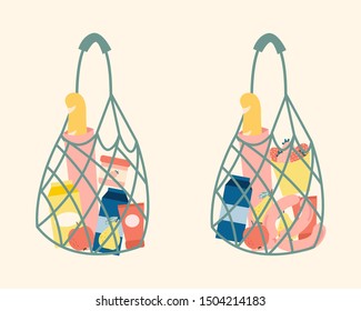 shopping bag with products from a supermarket, against plastic, vector illustration, string bag, net bag, or mesh bag, zero waste