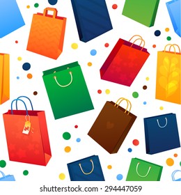 Shopping bag promo seamless pattern. Sale concept. Colorful paper shopping bags 
