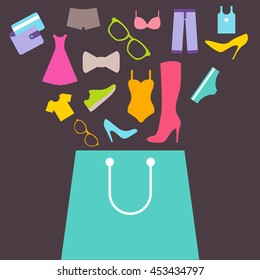 Shopping bag with purchase. Purchase of clothes and footwear. Flat design vector background