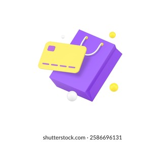 Shopping bag purchase goods banking card payment service 3d icon realistic vector illustration. Consumerism buying purchasing use contactless cashless bank paying commercial financial retail