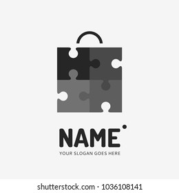 Shopping bag and puzzle form. Vector logo design. Business concept icon.