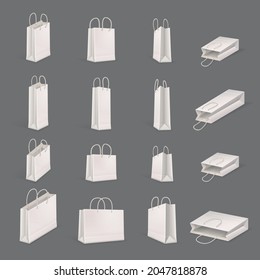 Shopping bag realistic icon set white bags in different sizes and angles on gray background vector illustration