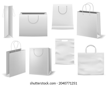 Shopping bag. Realistic white handbag mockup. Empty paper fashion square packaging with handles. 3D cardboard sacks blank templates for branding. Vector store purchase wrapping set