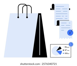 A shopping bag, receipts and a chart with a pie graph represent retail shopping concepts. Ideal for e-commerce, budgeting, financial planning, business analytics and product management. Modern