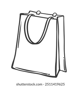 Shopping bag of rectangle shape line icon. Outline paper or plastic handbag with handles to buy and carry gifts. Package, merchandise mascot, hand drawn takeaway bag icon vector illustration