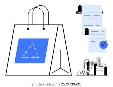 A shopping bag with a recycling symbol, a roll of receipts with a check mark, and small buildings. Ideal for sustainability, eco-friendly products, environmental awareness, green living, recycling