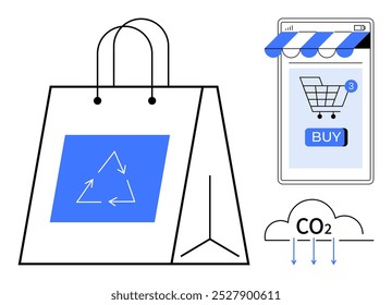 A shopping bag with recycling symbols next to a smartphone with an online shop and CO2 emissions symbol. Ideal for sustainability, e-commerce, eco-friendly products, climate change, and digital