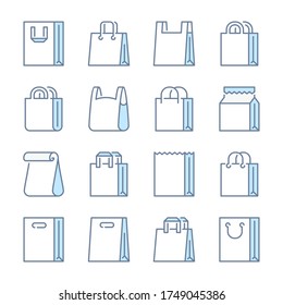 Iconos de color azul relacionados con la bolsa de compras. Bolsa de mercado de papel y juego de iconos de bolsas de compras.