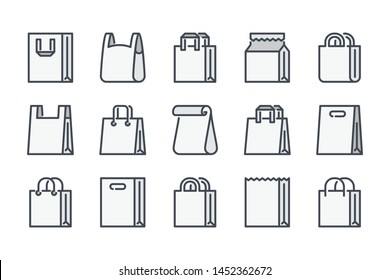 Shopping Bag Related Color Line Icon Set. Paper Market Bag Colorful Linear Icons. Grocery Bag Flat Color Outline Vector Sign Collection.