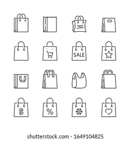 Shopping bag related icons: thin vector icon set, black and white kit