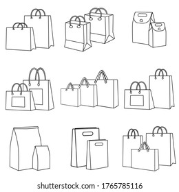 Shopping bag related line icon set. Paper market bag linear icons. Grocery bag outline vector signs and symbols collection