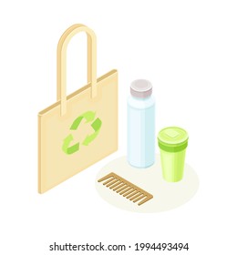 Shopping Bag and Reusable Items as Ecology and Environment Protection and Conservation Isometric Vector Illustration