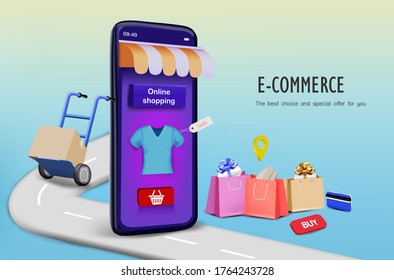 Shopping bag with road and smartphone on the blue background