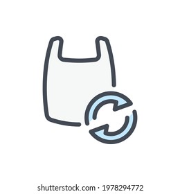 Shopping bag with rotating arrows color line icon. Recycling of plastic bag vector outline colorful sign.