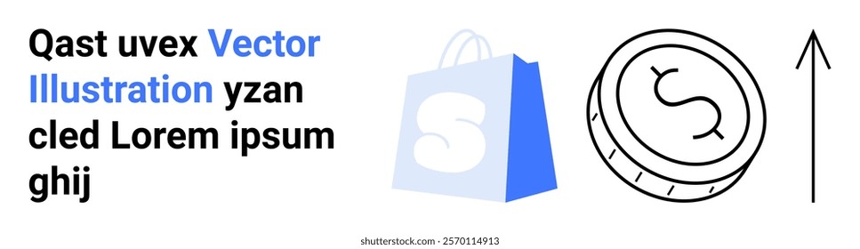 Shopping bag with S, dollar coin, up arrow. Ideal for online shopping, e-commerce growth, sales increase, finance, marketing. Landing page