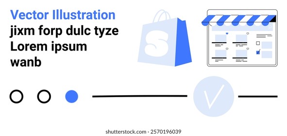 Shopping bag with S letter and storefront webpage in blue and white. Ideal for online shopping, e-commerce, store setup, retail business, and customer experience. Landing page