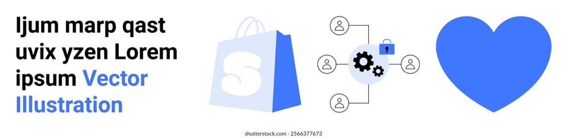 Shopping bag with S logo on it, connected users with gears, large blue heart. Ideal for ecommerce, teamwork, customer engagement, relationship-building, online shopping. Landing page