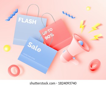 Shopping bag for sale banner in paper art style and pastel scheme vector illustration